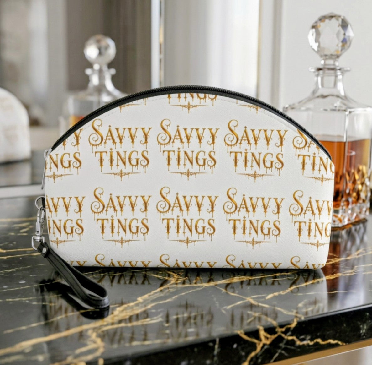 Savvy Tings Cosmetic Bag - Gold Script Makeup Pouch